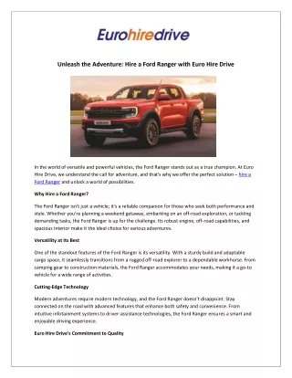 Unleash the Adventure: Hire a Ford Ranger with Euro Hire Drive