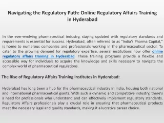 Navigating the Regulatory Path Online Regulatory Affairs Training in Hyderabad