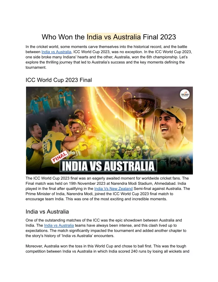 who won the india vs australia final 2023