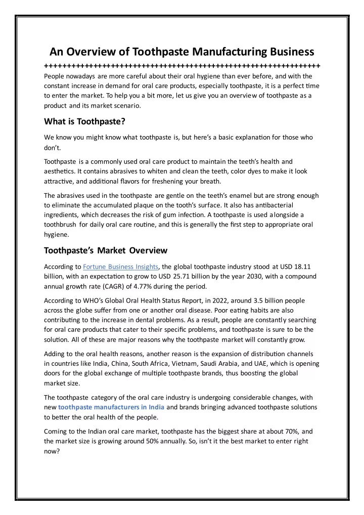 an overview of toothpaste manufacturing business