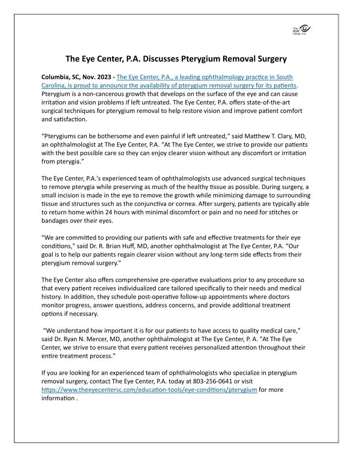 the eye center p a discusses pterygium removal