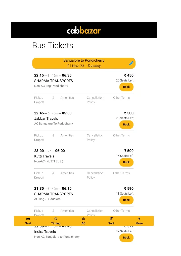 bangalore to pondicherry bus tickets