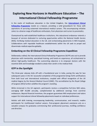 Exploring New Horizons in Healthcare Education – The International Clinical Fellowship Programme