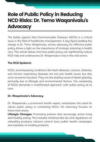 Role of Public Policy in Reducing NCD Risks Dr. Temo Waqanivalu's Advocacy
