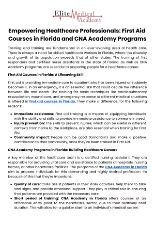 Empowering Healthcare Professionals First Aid Courses in Florida and CNA Academy Programs