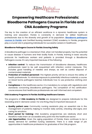 Empowering Healthcare Professionals Bloodborne Pathogens Course in Florida and CNA Academy Programs