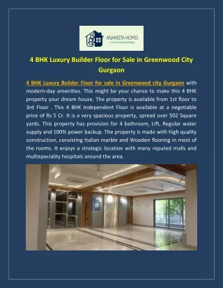 4 BHK Luxury Builder Floor for Sale in Greenwood City Gurgaon