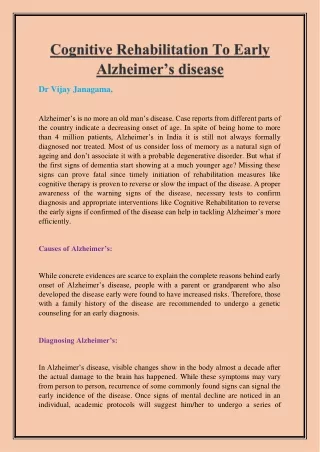 Cognitive Rehabilitation To Early Alzheimer’s disease