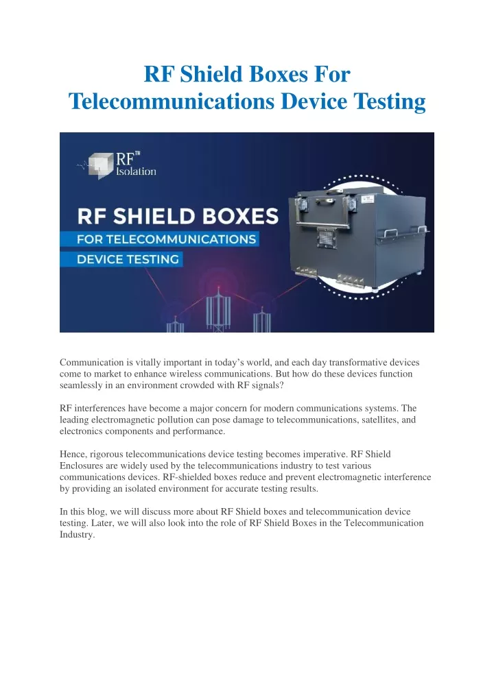 rf shield boxes for telecommunications device