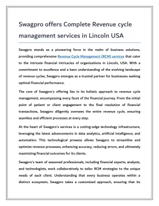 Swagpro offers Complete Revenue cycle management services in Lincoln USA