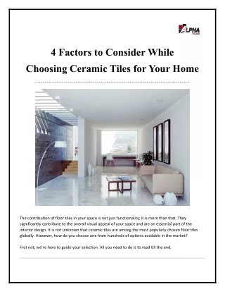 4 Factors To Consider While Choosing Ceramic Tiles For Your Home