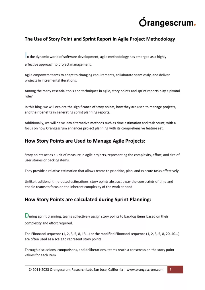 the use of story point and sprint report in agile