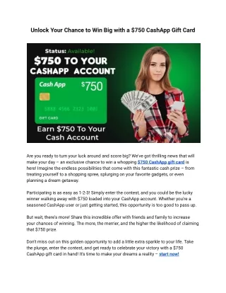 Chance to Win Big with a $750 CashApp Gift Card