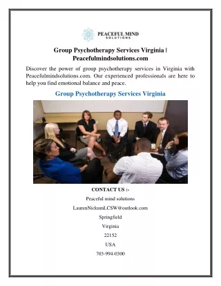 Group Psychotherapy Services Virginia  Peacefulmindsolutions.com