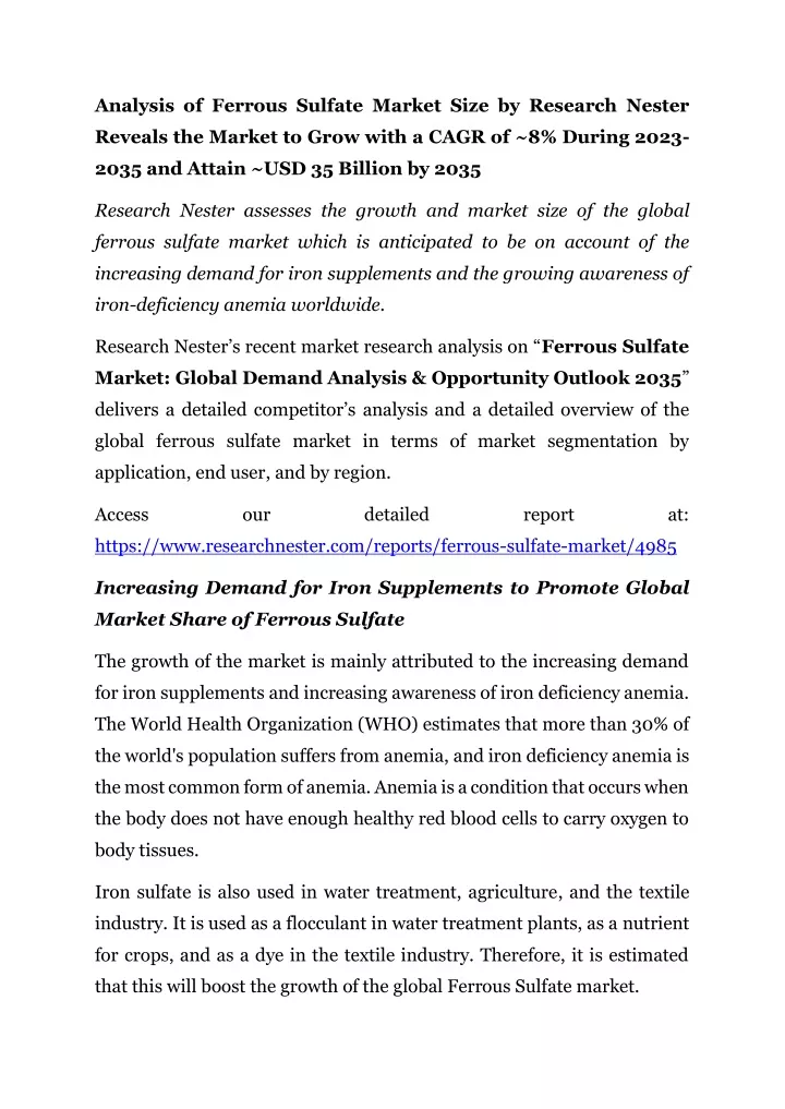 analysis of ferrous sulfate market size