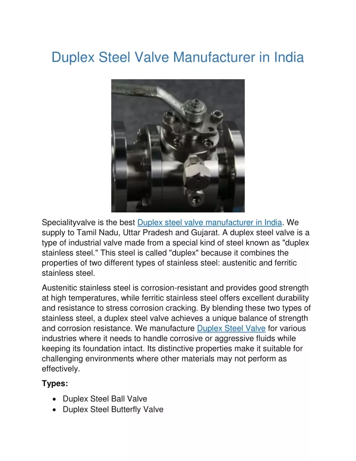 duplex steel valve manufacturer in india