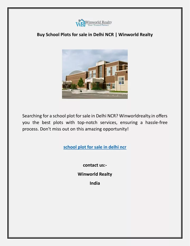 buy school plots for sale in delhi ncr winworld