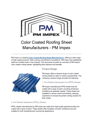 Color Coated Roofing Sheet Manufacturers - PM Impex