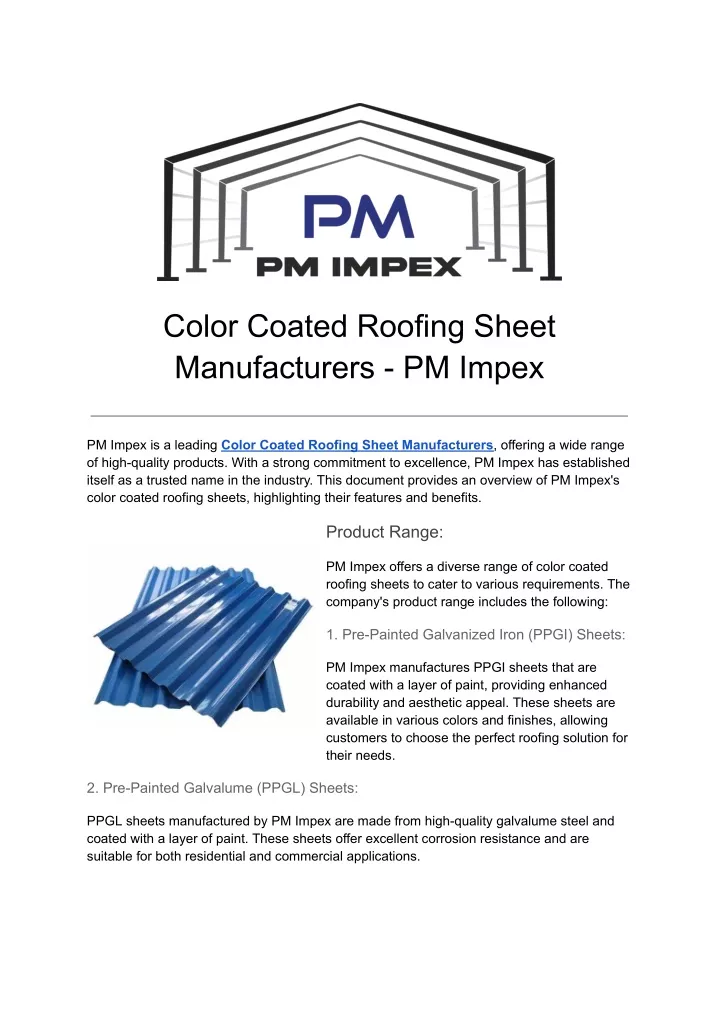 color coated roofing sheet manufacturers pm impex