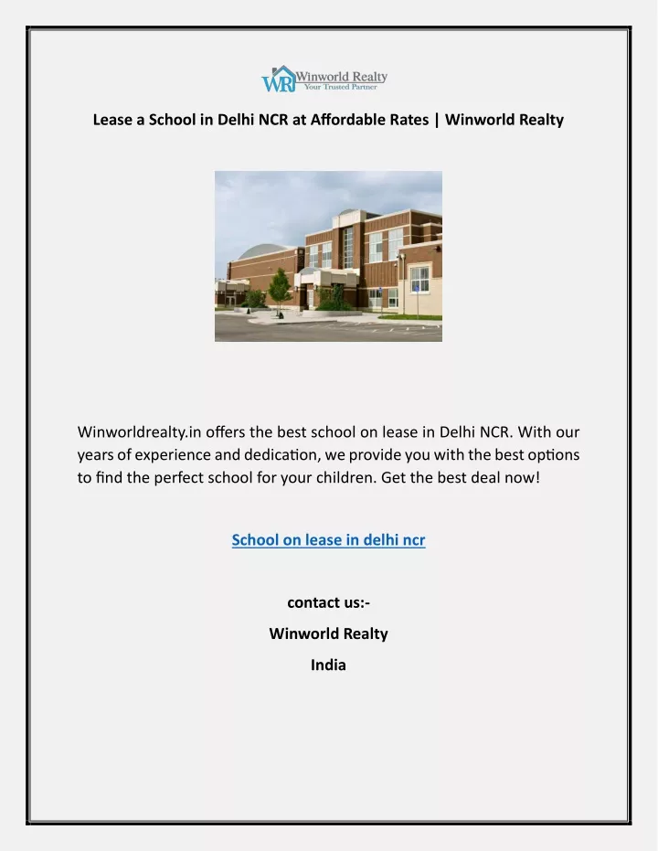 lease a school in delhi ncr at affordable rates