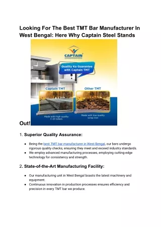 Looking For The Best TMT Bar Manufacturer In West Bengal - Choose Captain Steel