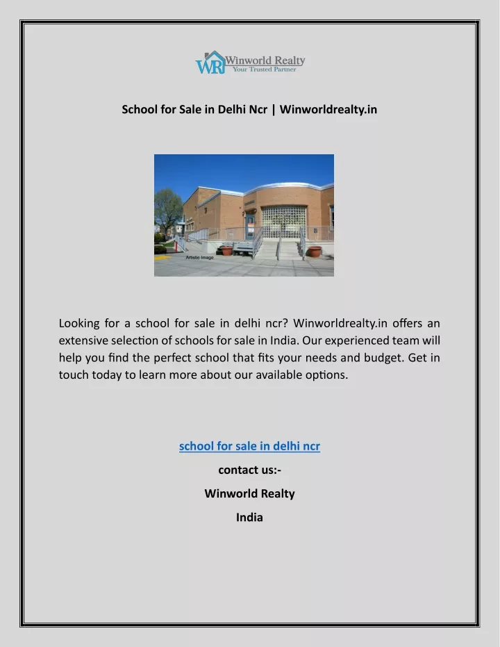 school for sale in delhi ncr winworldrealty in