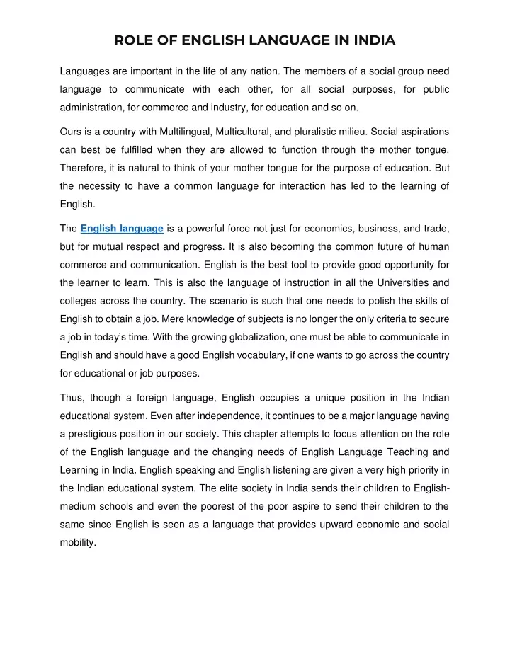 role of english language in india