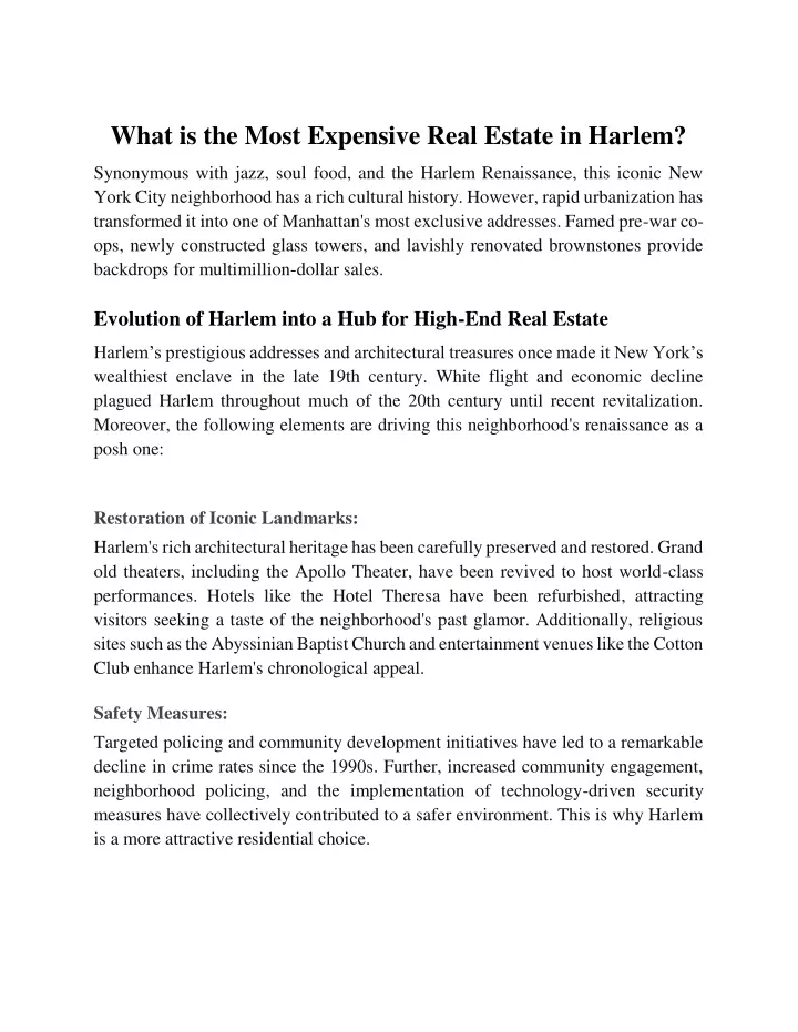 what is the most expensive real estate in harlem