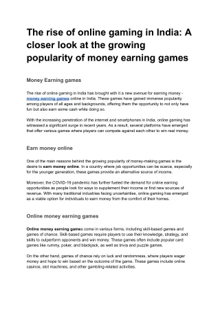 The rise of online gaming in India_ A closer look at the growing popularity of money earning games.docx