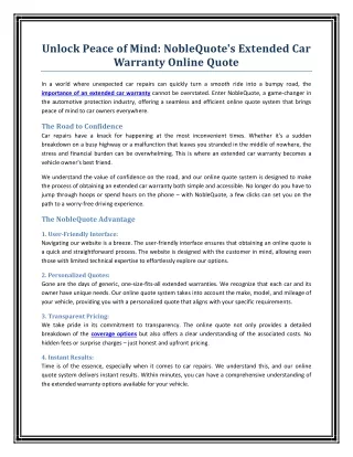 Unlock Peace of Mind - NobleQuote's Extended Car Warranty Online Quote