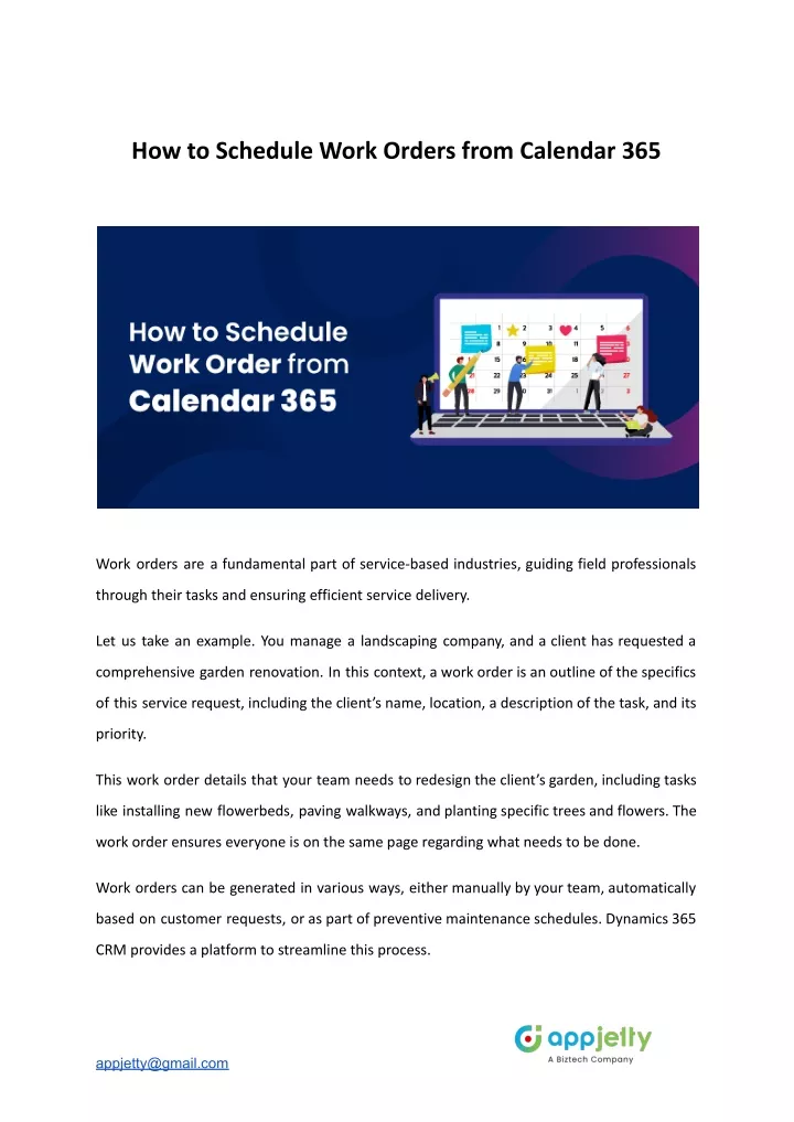 how to schedule work orders from calendar 365