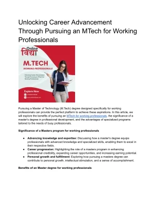 Unlocking Career Advancement Through Pursuing an MTech for Working Professionals
