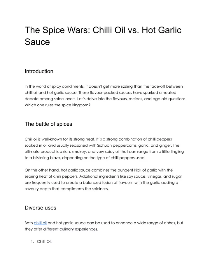 the spice wars chilli oil vs hot garlic sauce