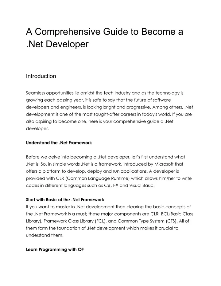 a comprehensive guide to become a net developer