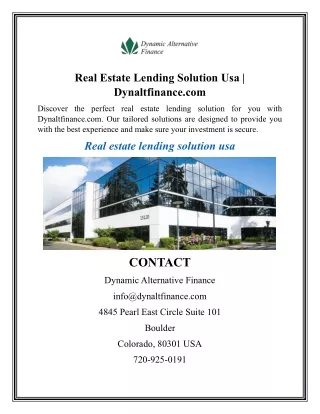 Real Estate Lending Solution Usa  Dynaltfinance