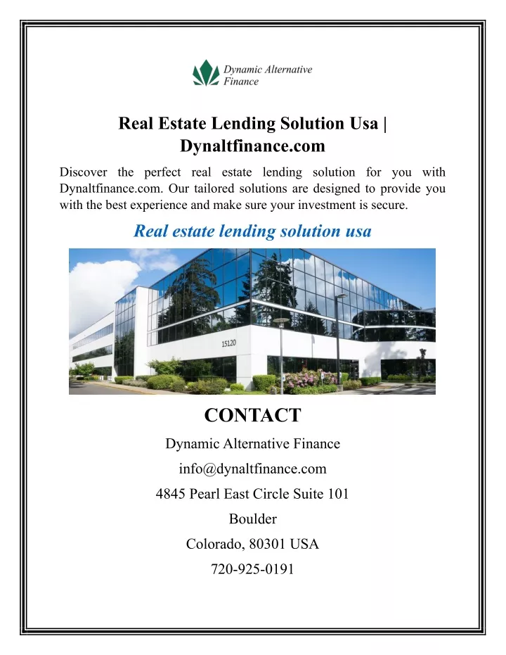 real estate lending solution usa dynaltfinance com