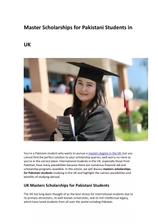 Master Scholarships for Pakistani Students in UK