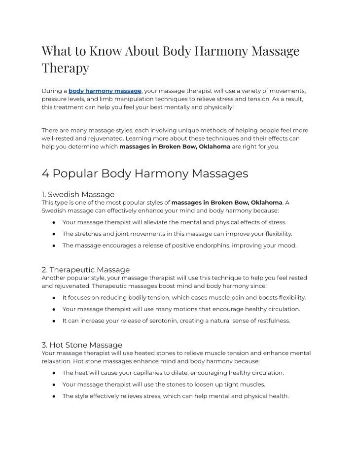 what to know about body harmony massage therapy