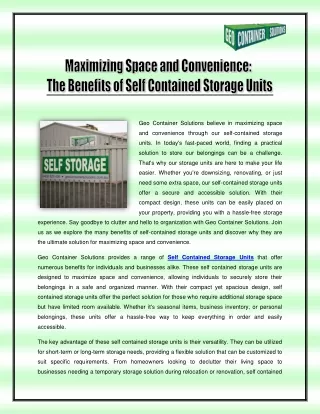 Maximizing Space and Convenience - The Benefits of Self Contained Storage Units