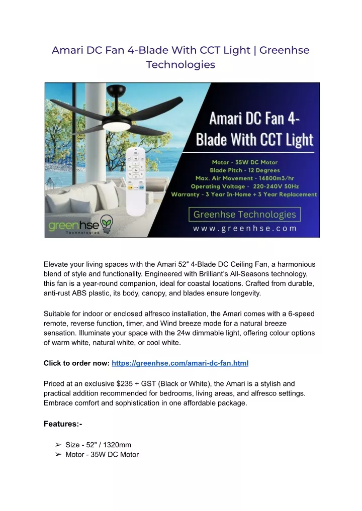 amari dc fan 4 blade with cct light greenhse