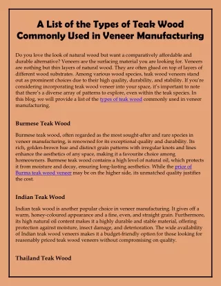 A List of the Types of Teak Wood Commonly Used in Veneer Manufacturing