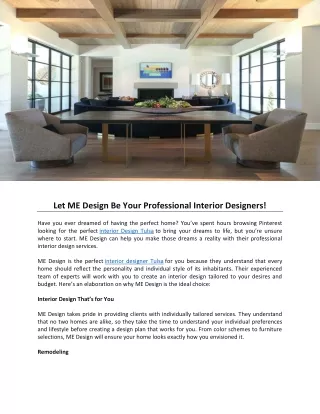 Let ME Design Be Your Professional Interior Designers!
