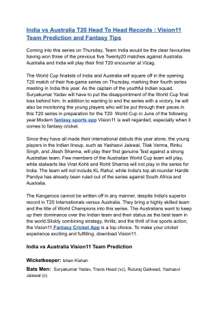 India vs Australia T20 Head To Head Records _Vision11 Team Prediction