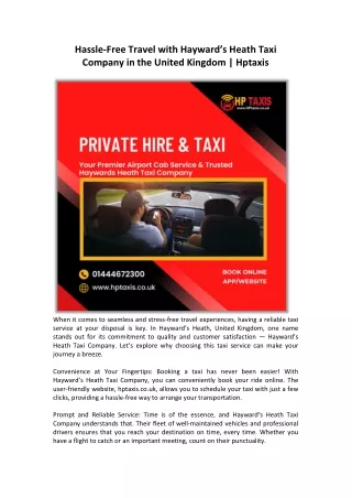 Hassle-Free Travel with Hayward's Heath Taxi Company in the United Kingdom  Hptaxis