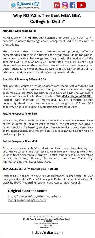 Why RDIAS Is The Best MBA BBA College In Delhi?