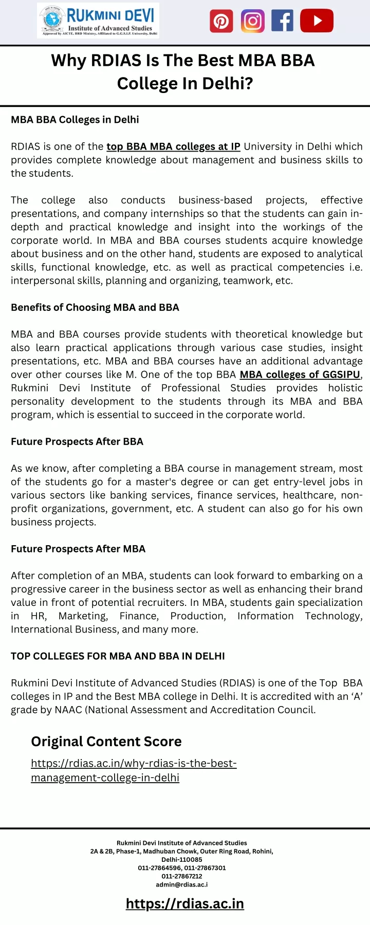 why rdias is the best mba bba college in delhi