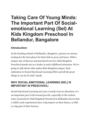Kids Kingdom: Preschool in Bellandur, Bangalore with Innovative SEL Approach