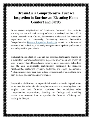 DreamAir's Comprehensive Furnace Inspection in Barrhaven Elevating Home Comfort and Safety