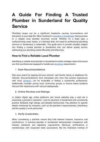 A Guide For Finding A Trusted Plumber in Sunderland for Quality Service