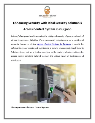 Enhancing Security with Ideal Security Solution's Access Control System in Gurgaon